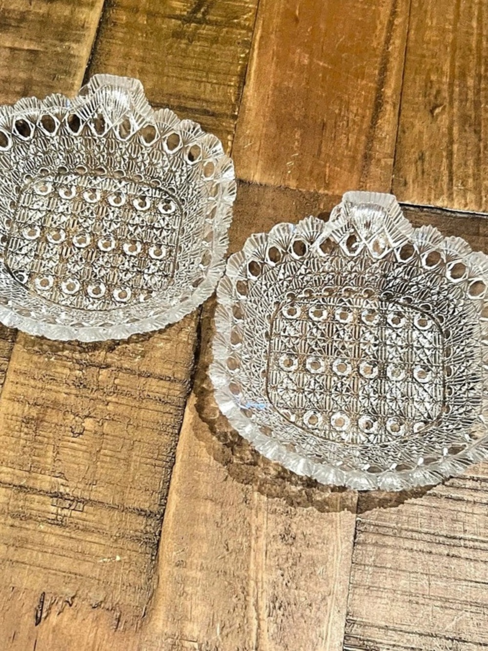 Pair /Pressed glass heart-shaped candy/trinket dish with hobnail pattern